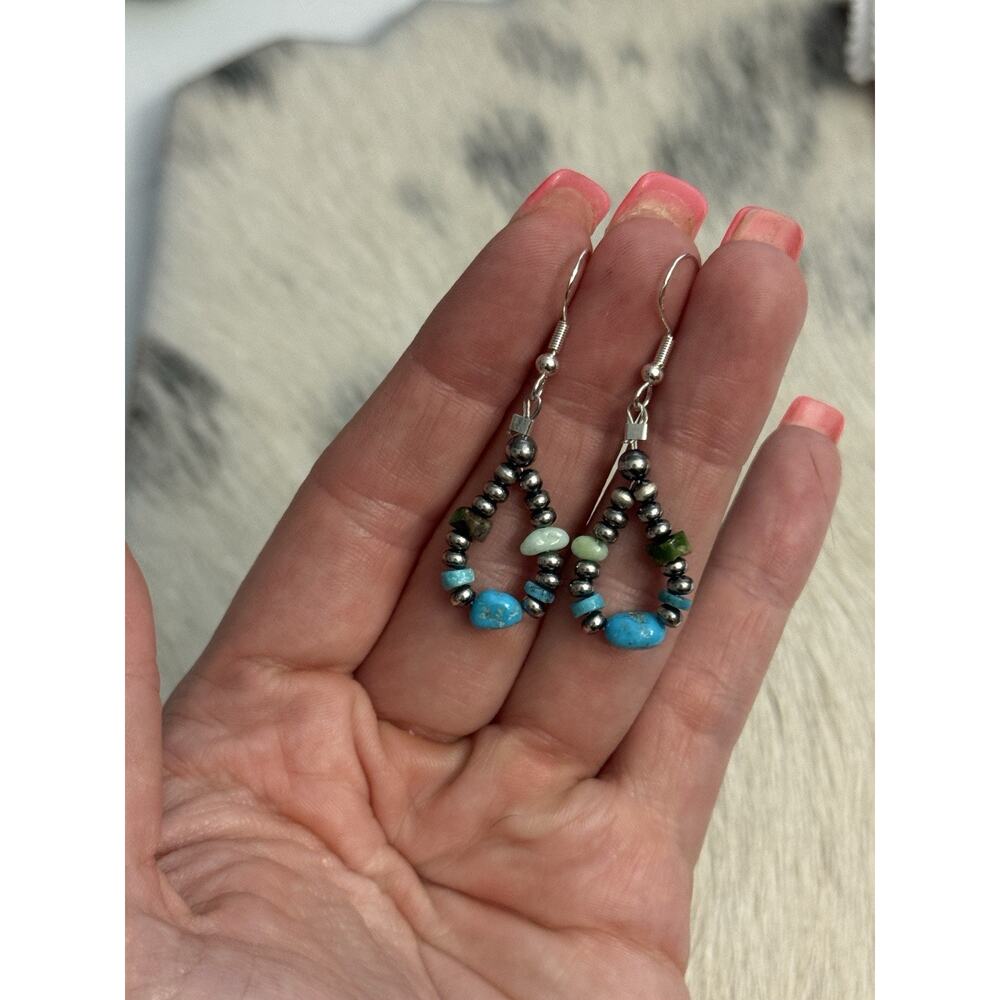 Sterling Silver Green Sonoran Gold Paloma Turquoise Navajo Pearl Hoop Earrings